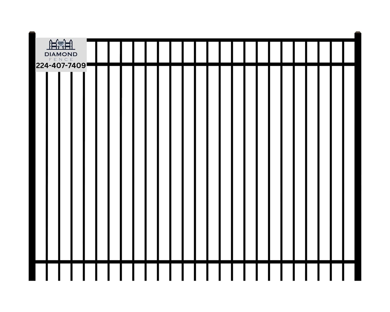 Full-height black aluminum fence panel with vertical pickets and flat top rail, featuring Diamond Fence logo and contact number (224-407-7409)