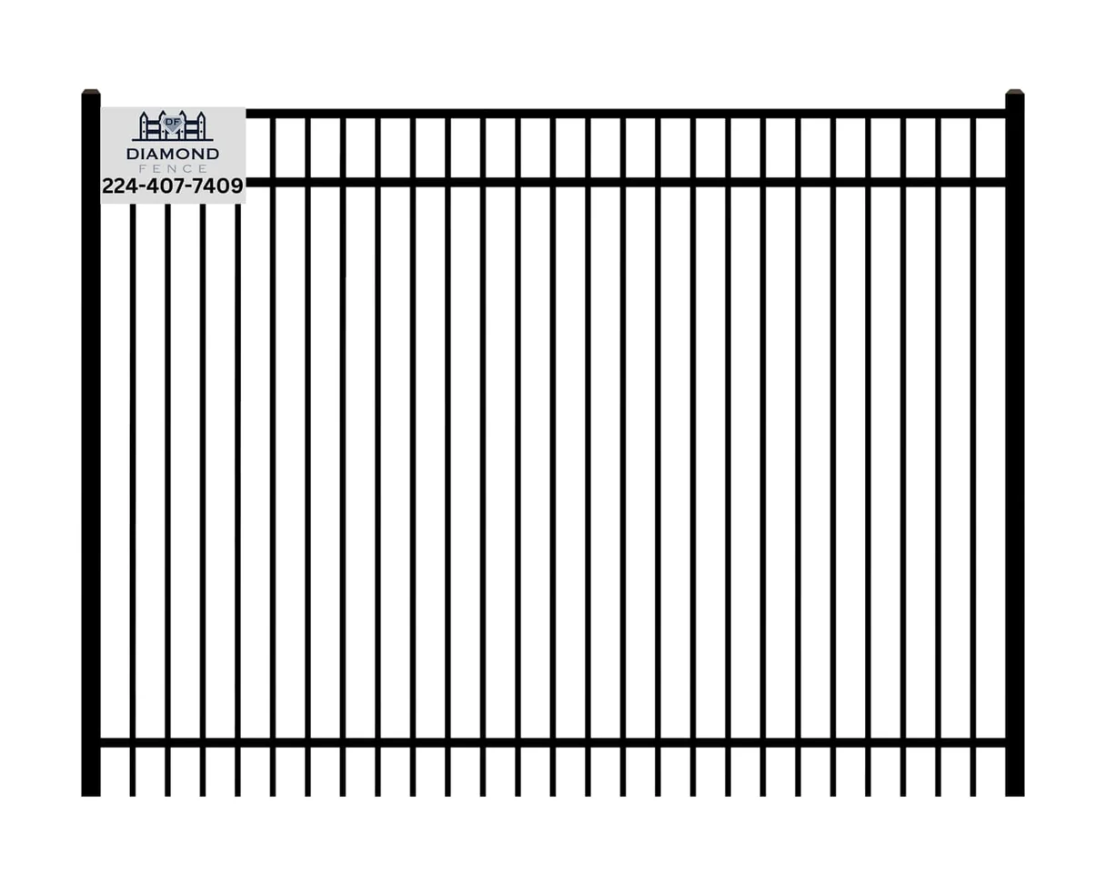 Full-height black aluminum fence panel with vertical pickets and flat top rail, featuring Diamond Fence logo and contact number (224-407-7409)