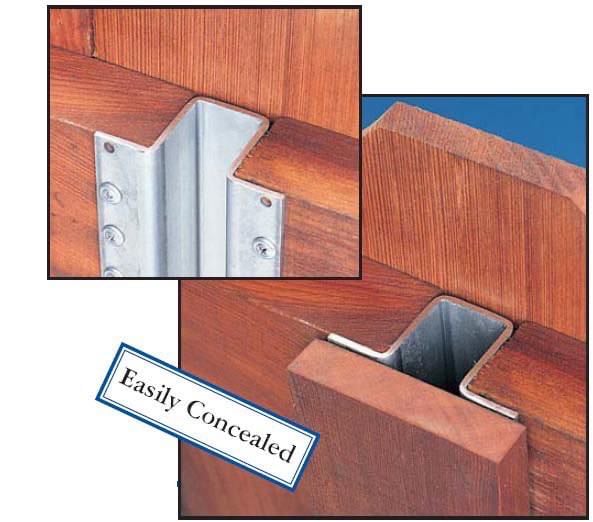 Close-up diagram showing galvanized steel L-bracket concealed inside wooden fence post for added strength and clean aesthetic — labeled “Easily Concealed”