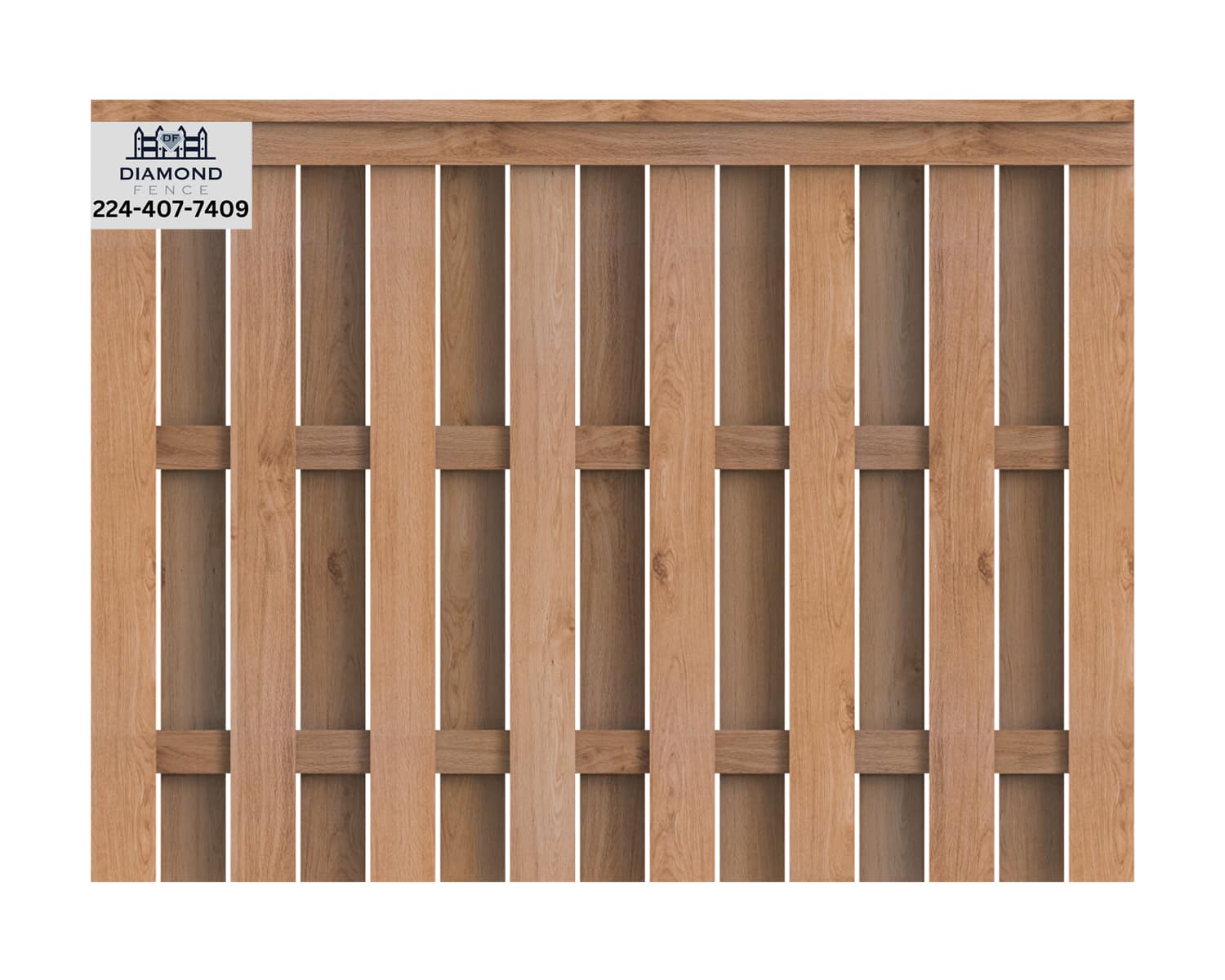 Decorative wood fence with vertical pickets and two horizontal accent rails creating a lattice effect — adds visual interest while maintaining partial privacy