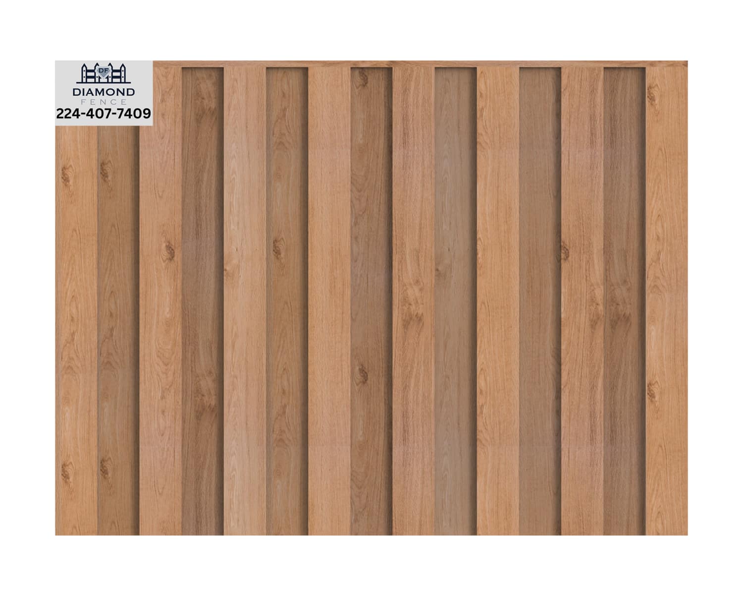 Seamless solid wood privacy fence with tightly fitted vertical boards and no gaps — offers maximum seclusion and natural grain texture; branded with Diamond Fence contact info