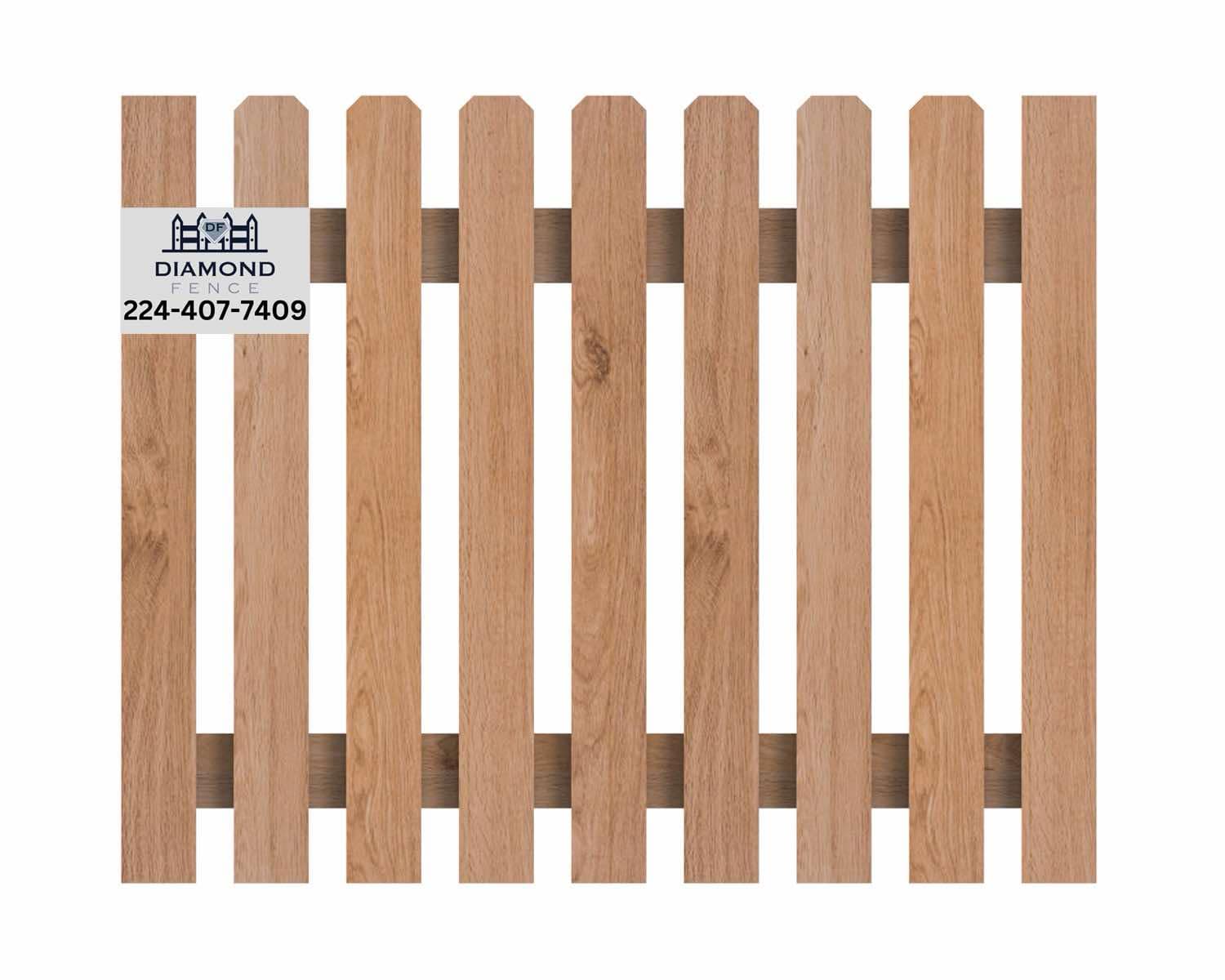 Classic wooden picket fence with flat-topped vertical slats and dual horizontal rails — ideal for front yards or garden borders in Chicagoland homes