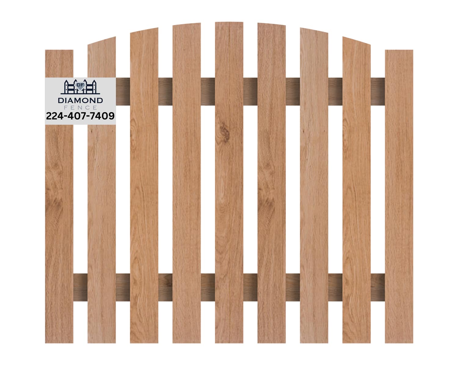 Wooden shadowbox fence panel featuring alternating pickets and gently curved top rails — combines privacy, airflow, and contemporary design; includes Diamond Fence logo and phone (224-407-7409)
