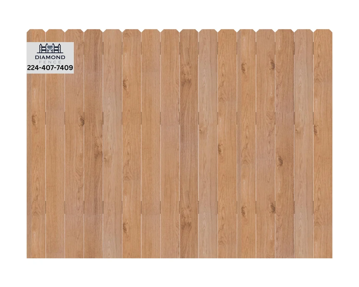 Natural wood picket fence with dog-eared tops and uniform spacing, perfect for front yards, gardens, or pet containment; branded with Diamond Fence contact information