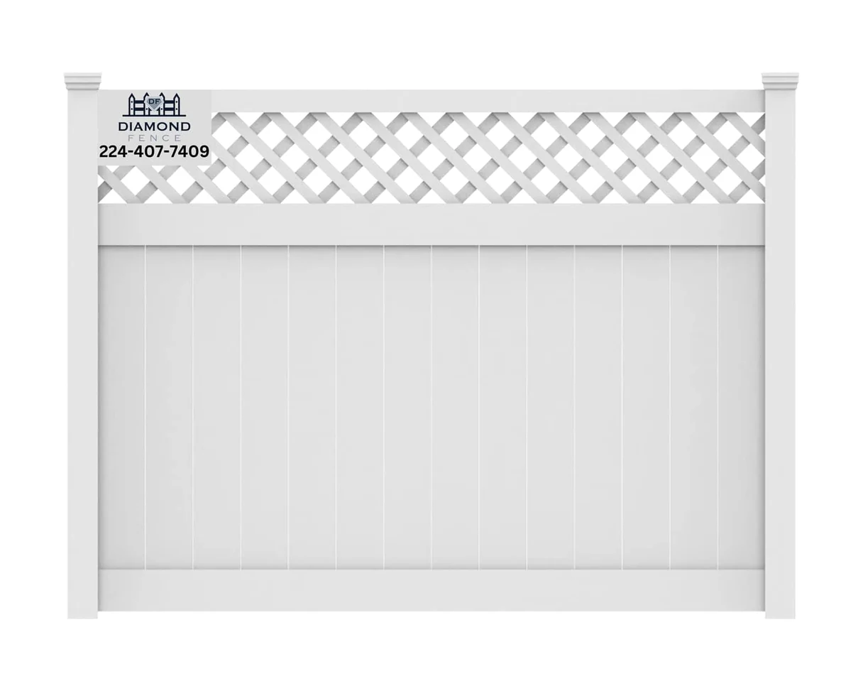 Elegant white vinyl privacy fence featuring solid lower panels and diamond lattice top section, combines full seclusion with decorative flair; includes Diamond Fence logo and phone (224-407-7409)